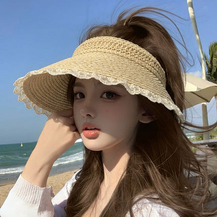 大檐草编空顶帽女夏季度假风蕾丝花边防晒遮阳帽显脸小海边太阳帽