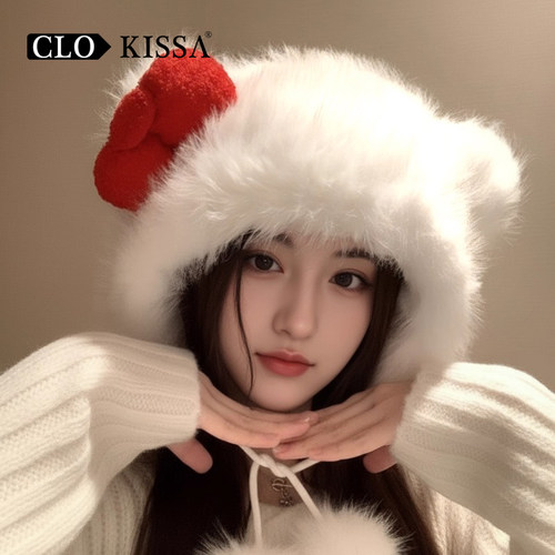2025新款帽子女kitty冬蝴蝶结西瓜帽毛绒猫耳保暖帽东北防寒装备