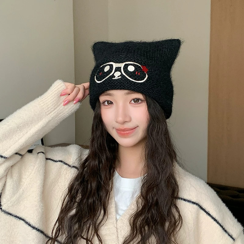 冬季猫耳护耳显脸小针织帽女款