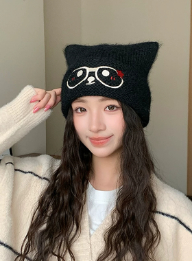 冬季猫耳护耳显脸小针织帽女款
