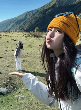 黄色徒步登山保暖显脸小针织冷帽