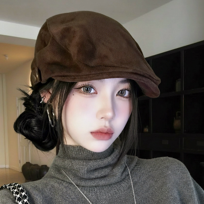 文艺复古麂皮绒显脸小鸭舌帽