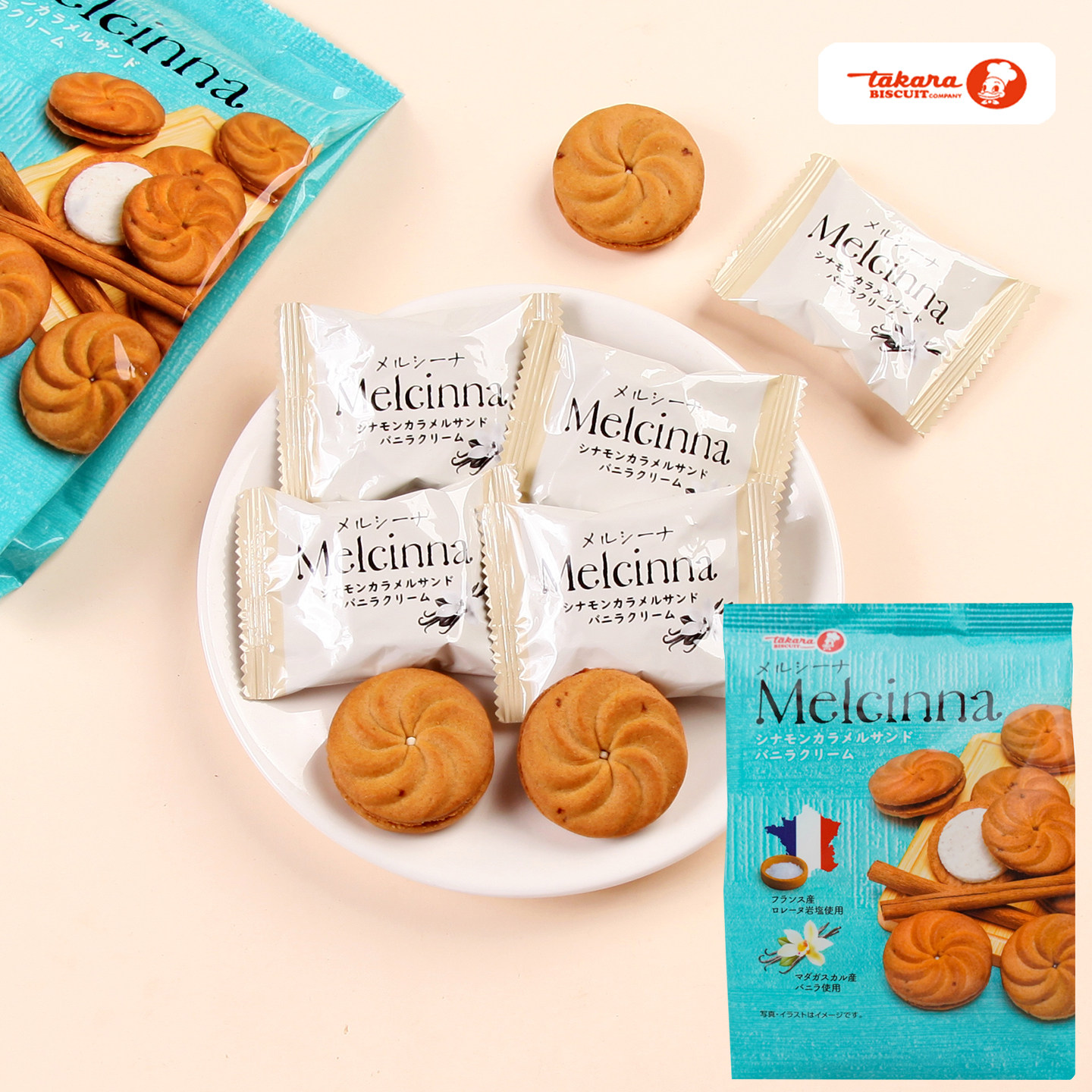 日本进口宝制果岩盐香草夹心饼干焦糖肉桂味酥脆曲奇休闲小零食