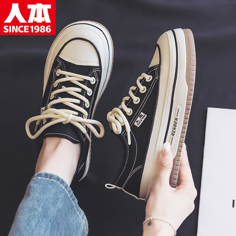 人本帆布鞋女2026新款春秋爆款透气女款ins潮厚底增高休闲板鞋子