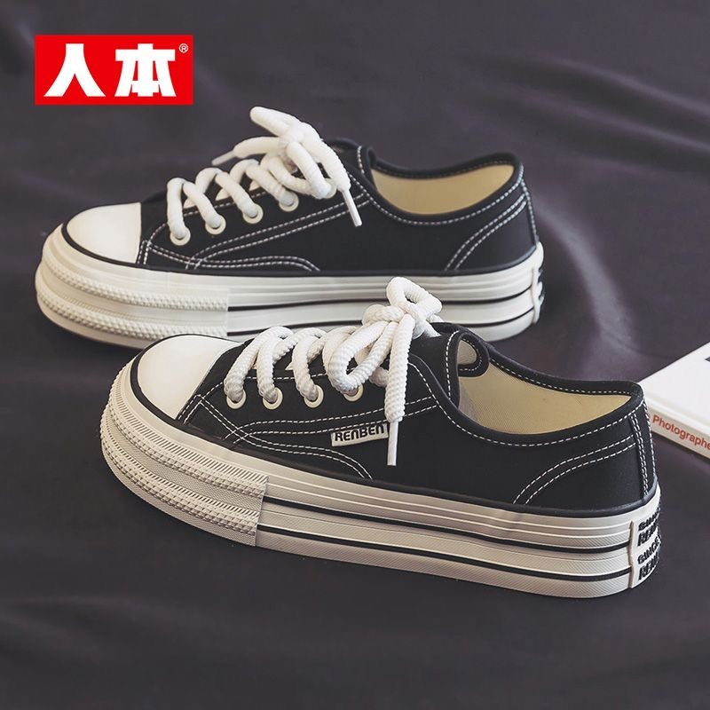 人本板鞋2025春秋季新款厚底增高休闲帆布运动鞋女百搭ins潮学生