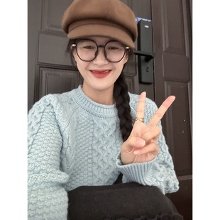 重工韩版蓝色麻花纹圆领针织毛衣女宽松减龄复古上衣