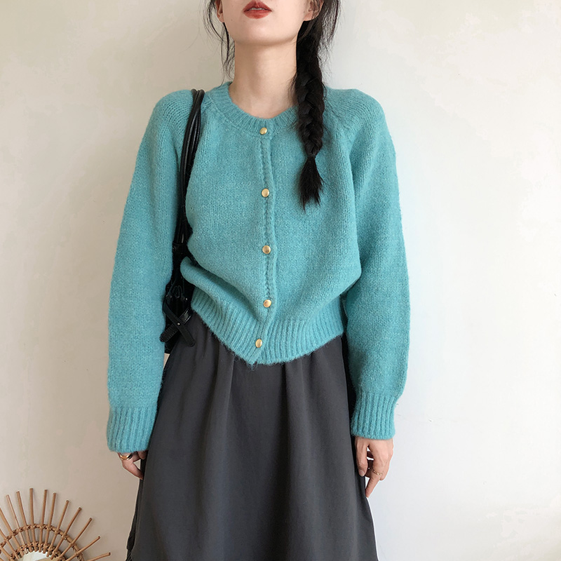 韩代同款圆领针织开衫毛衣