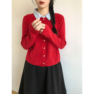 学院风红色polo领假两件针织开衫女单排扣显瘦毛衣高级感