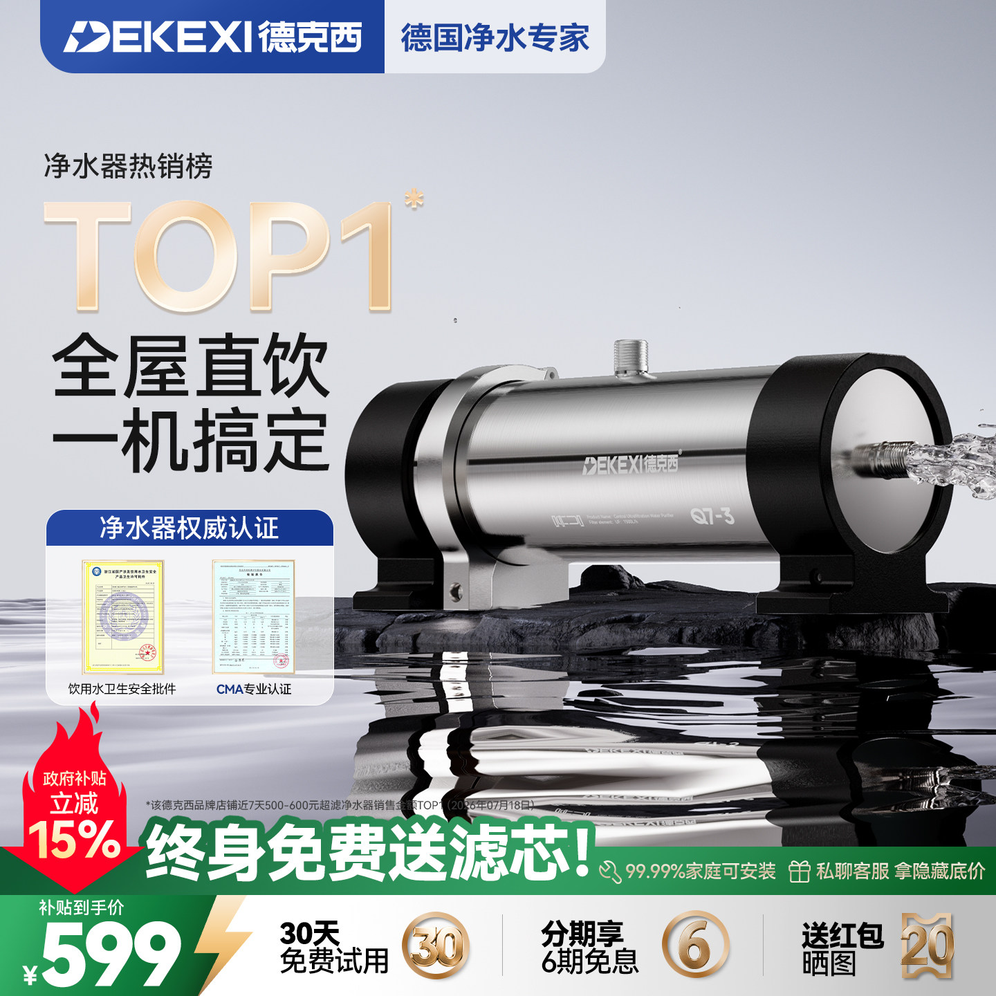 德国德克西政府补贴净水器家用中央净化直饮厨房自来水前置过滤器