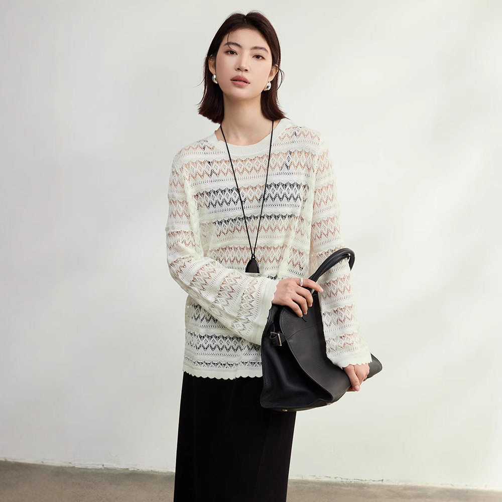 高级感喇叭袖钩花镂空针织衫女25新款微透内搭防晒罩衫秋季上衣