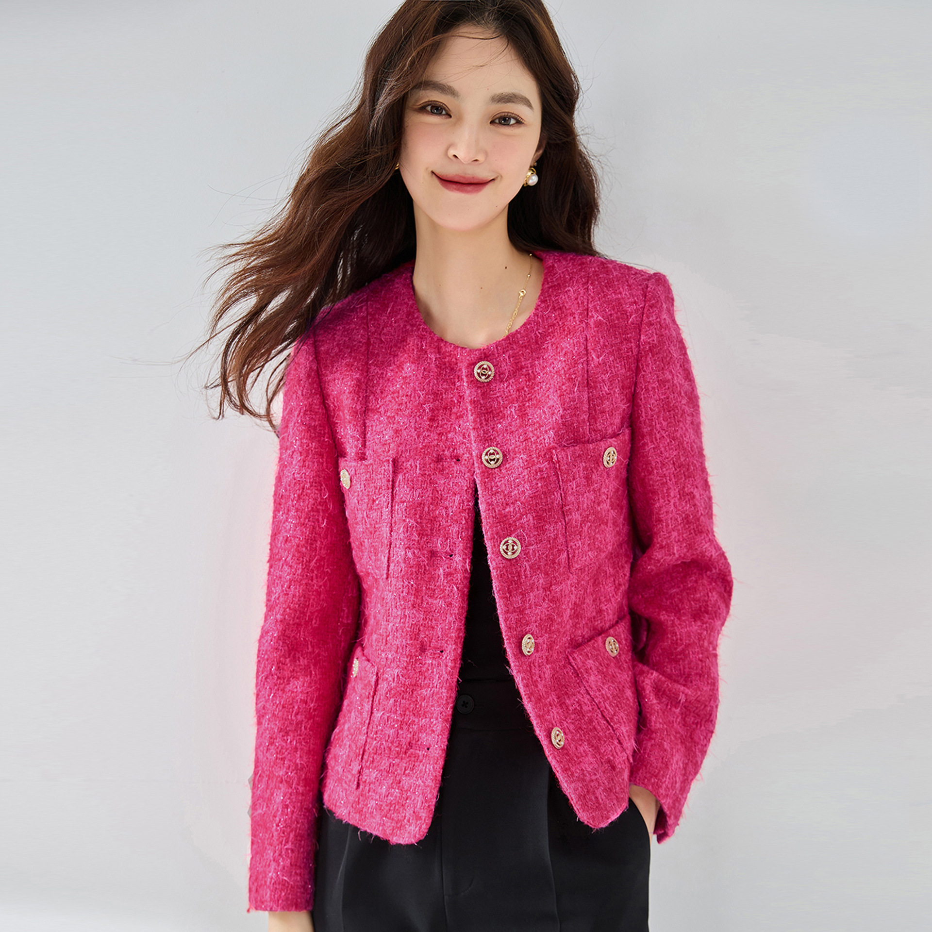 时尚高级感轻奢小香风毛呢短外套火龙果色小圆领羊毛编织上衣秋冬