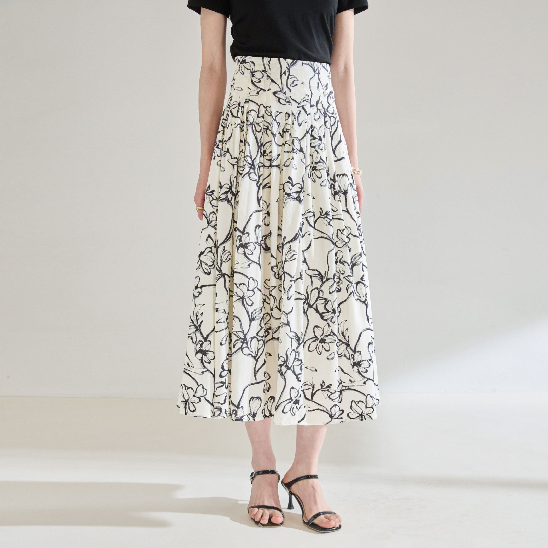 26夏季笑涵阁款国风天丝亚麻半身裙水墨印花高腰伞裙A字度假长裙