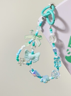 蓝绿色串珠手机链蝴蝶结小熊糖果手工钥匙链ccd相机挂绳装饰挂链