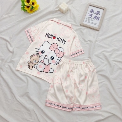 亲子母女装睡衣女童夏季冰丝卡通可爱开衫凯蒂猫中大童套装家居服
