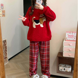 2026新款睡衣女款秋冬季半边绒长袖格子红色女士大码珊瑚绒家居服