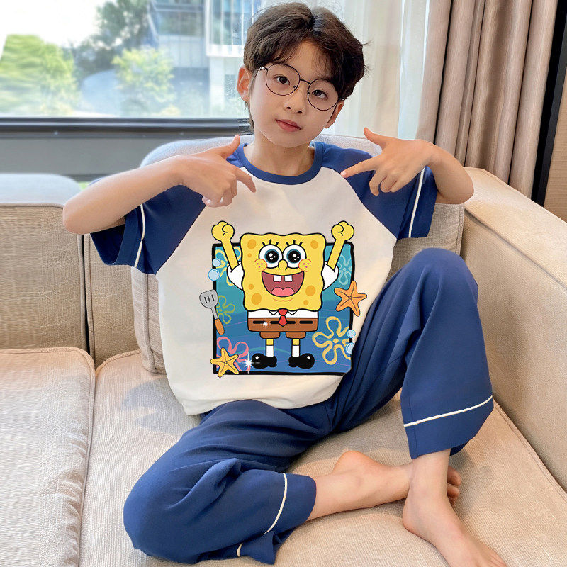 男童睡衣儿童新款薄款短袖长裤中大童大码纯棉男孩空调家居服套装