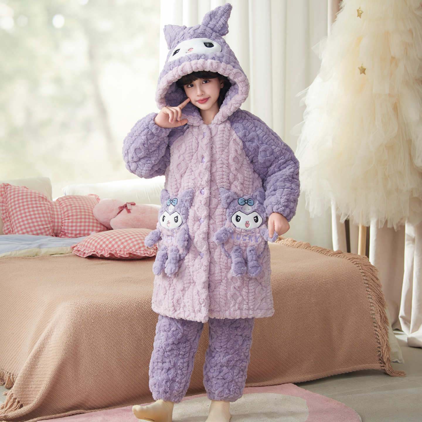 女童珊瑚绒睡衣儿童冬季法兰绒三层夹棉加厚中大童女孩卡通家居服