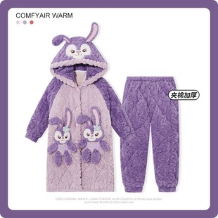 家居服 加绒加厚套装 三层夹棉睡衣女士睡袍珊瑚绒秋冬季 天2025新款