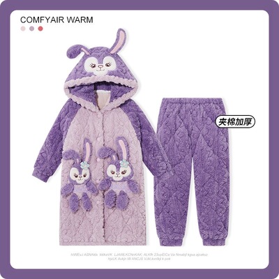 女童睡衣秋冬季2025新款加绒加厚三层夹棉儿童珊瑚女孩冬款睡袍浴