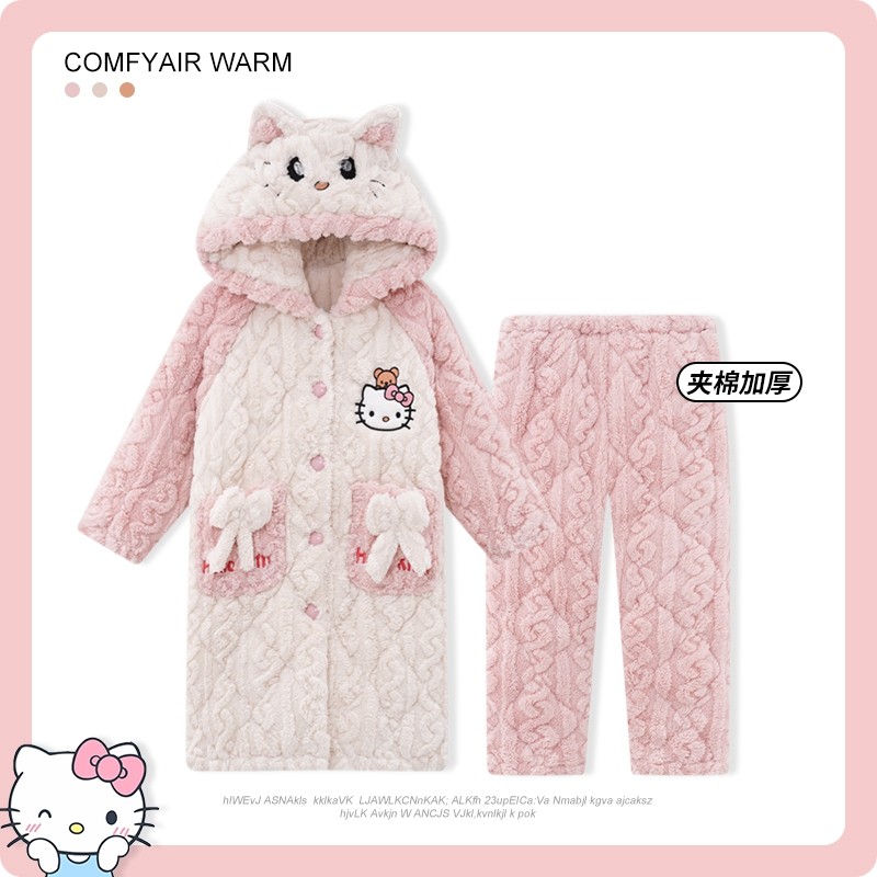 睡袍女秋冬季2026新款珊瑚绒三层夹棉加厚家居服女士大码睡衣套装