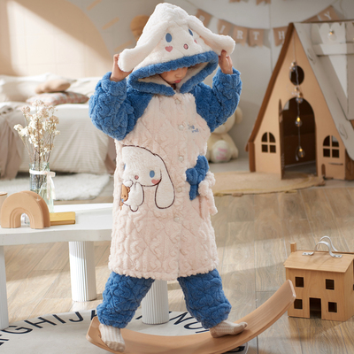 儿童加厚睡衣冬季珊瑚绒睡袍三层夹棉长款玉桂狗法兰绒女童家居服