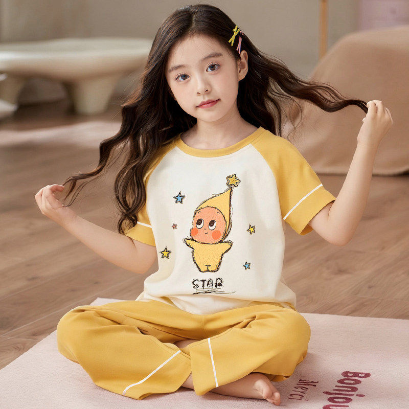 女童睡衣夏季纯棉短袖长裤套装儿童女孩卡通公主中大童薄款家居服