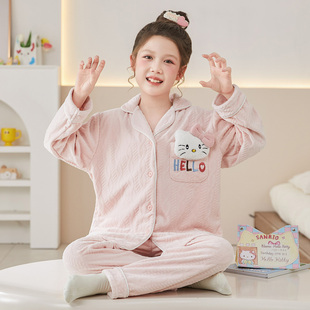Kitty猫儿童睡衣秋冬长袖长裤2025新款女童海岛绒加厚女孩家居服