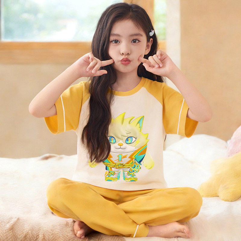 女童睡衣夏季薄款短袖长裤纯棉100%全棉儿童大童初中生女孩家居服