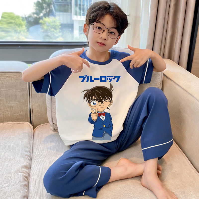 儿童短袖长裤纯棉男大童加肥加大码睡衣小男孩家居服薄款套装夏天