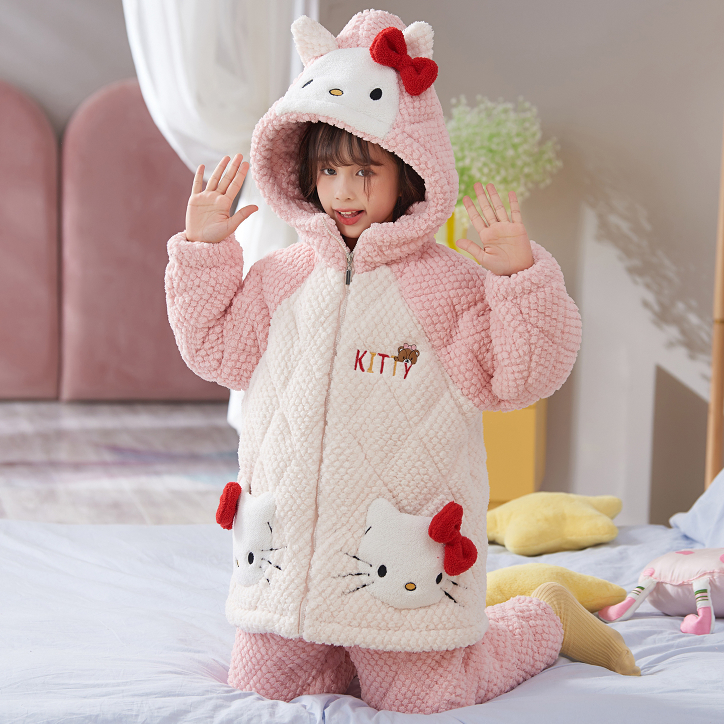 儿童睡衣女童冬季法兰绒三层夹棉加厚秋冬女孩中大童珊瑚绒家居服