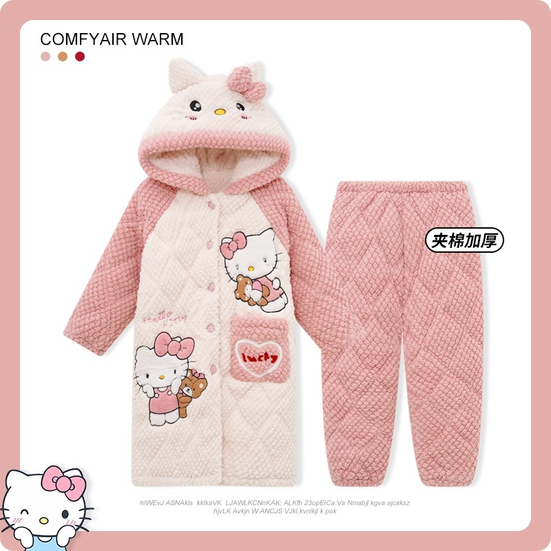 儿童睡衣女童冬季2025新款三层夹棉加厚女孩睡袍珊瑚绒长款家居服