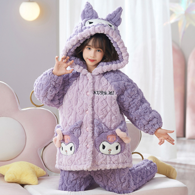 女童睡衣秋冬季三层夹棉加绒加厚珊瑚绒冬款儿童女孩2025新款套装