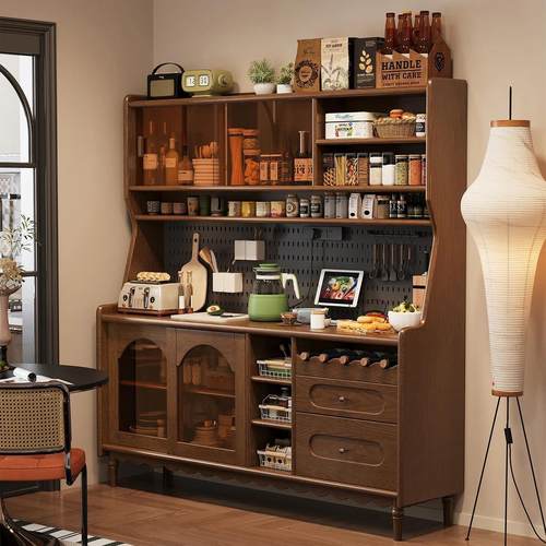 中式复古实木餐边柜靠墙一体高柜中古酒水柜咖啡柜厨房收纳储物柜