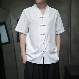 男短袖 唐裝 新中式 盤扣上衣古風漢服棉麻短袖 男 亞麻襯衫 中國風男裝