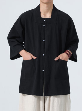 中国风棉麻七分袖衬衫男复古唐装开衫外套宽大码中式禅意茶服上衣