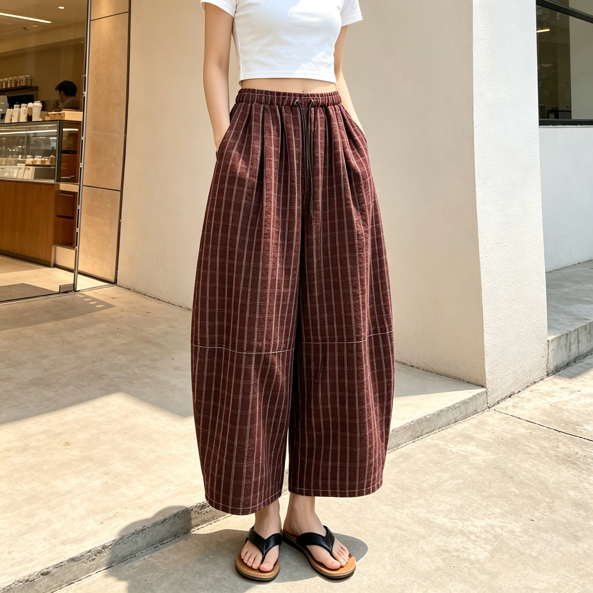 2026年夏季新款格子裤女棉麻高腰宽松显瘦休闲百搭遮肉气球阔腿裤