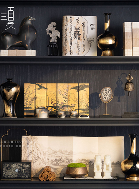 新中式会所样品屋展示中心书房书柜软装金箔花器装饰品摆件办公室