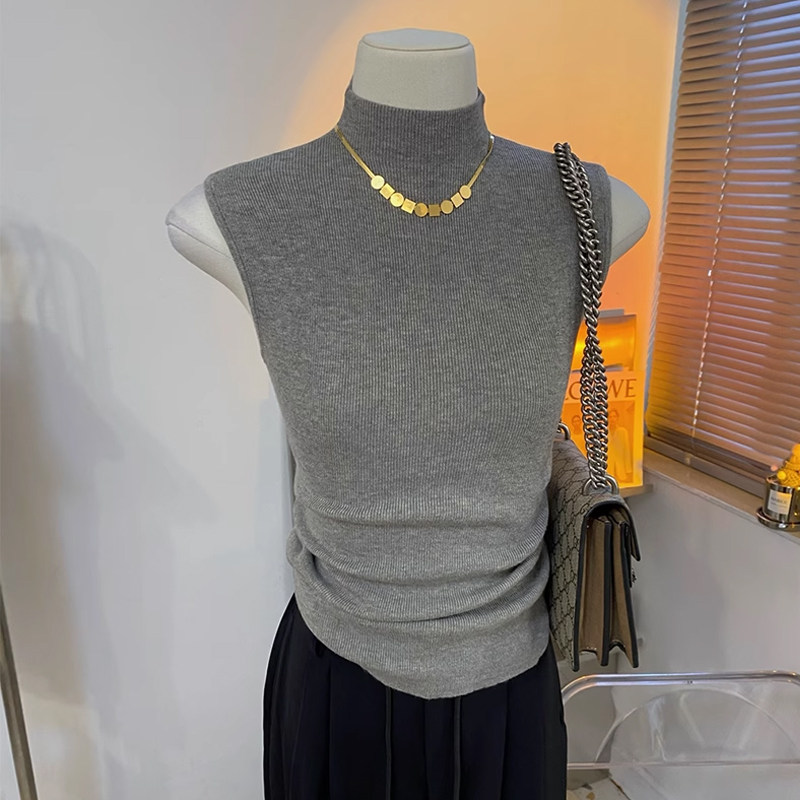 半高领针织小背心女2025秋冬新款无袖内搭秋季中领黑色毛衣打底衫