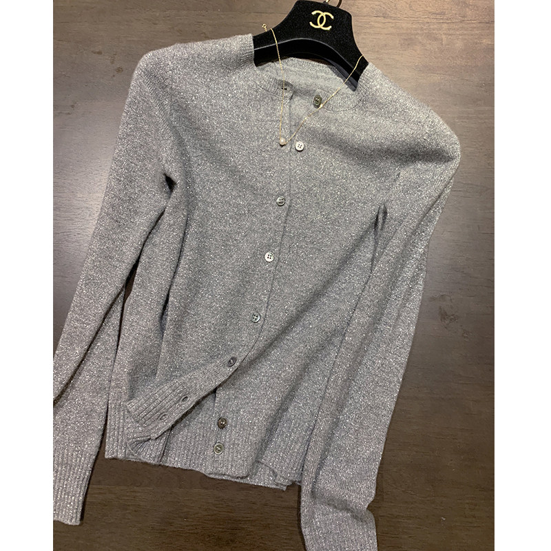 针织衫打底开衫女2025秋季新款薄款亮丝上衣秋冬灰色长袖毛衣外套