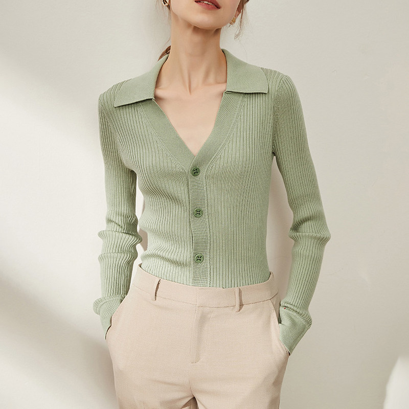 polo领针织衫女内搭开衫秋季v领上衣打底衫修身长袖翻领毛衣外套