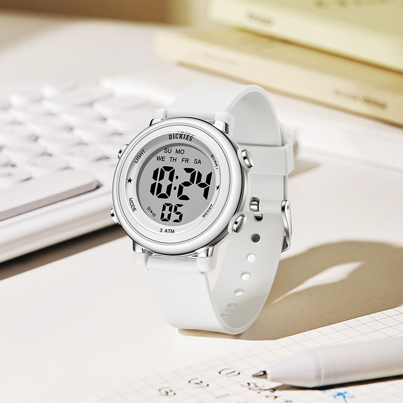 Dickies电子运动手表男女小学生初中生跑步专用夜光防水白色闹