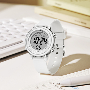 Dickies电子运动手表男女小学生初中生跑步专用夜光防水白色闹钟