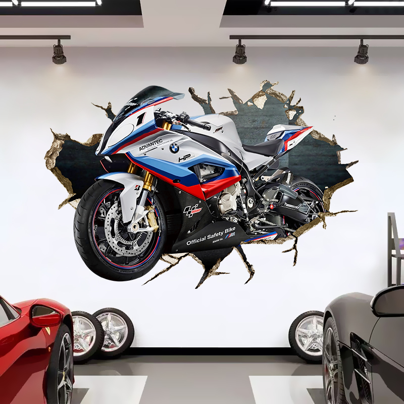 3D立体穿墙机车赛车摩托车墙贴工业风汽车美容装饰背景贴纸自粘
