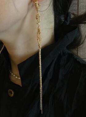 法式~纯手工缠绕式波珠链流苏 铜镀银925银针水滴长款耳环