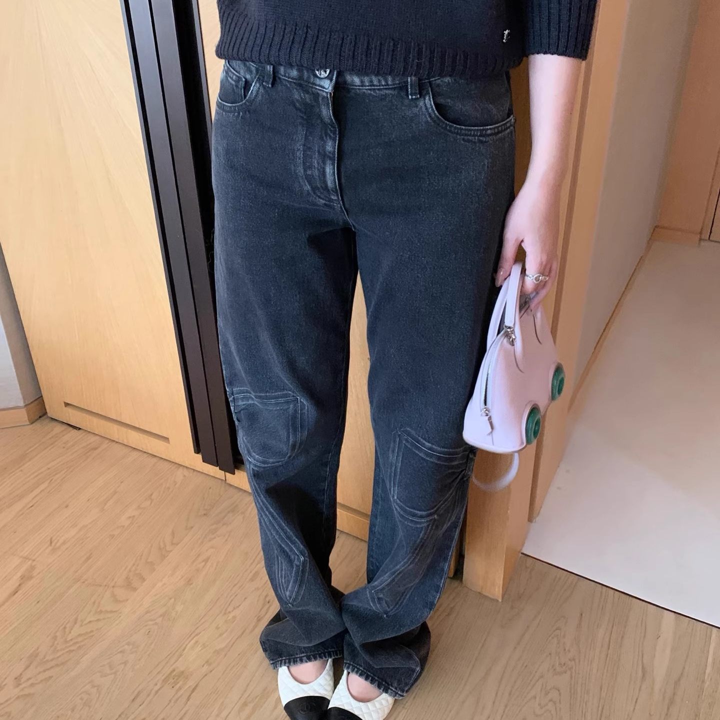 纯棉做旧灰甜酷高腰牛仔裤