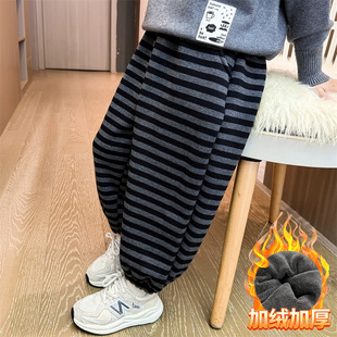 男童卫裤秋冬款中小童休闲条纹长裤子男宝加绒加厚童裤宽松束脚裤
