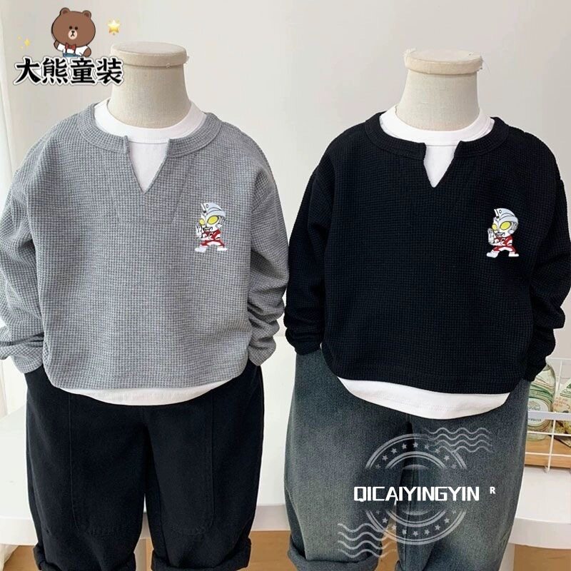 男童华夫格长袖秋季薄款新款男宝宝套头卫衣帅气假两件T恤衫外套