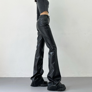 高腰黑色PU皮裤 百搭拖地长裤 女2026春季 显瘦微喇叭PU皮裤 新款 美式