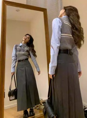 学院风韩系灰色西装中长半身裙女春季款高腰显瘦气质休闲百褶裙子