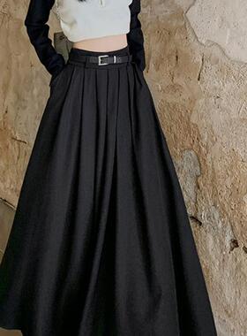 高腰黑色百褶半身裙女春季高级感显瘦大摆裙子垂感a字西装中长裙